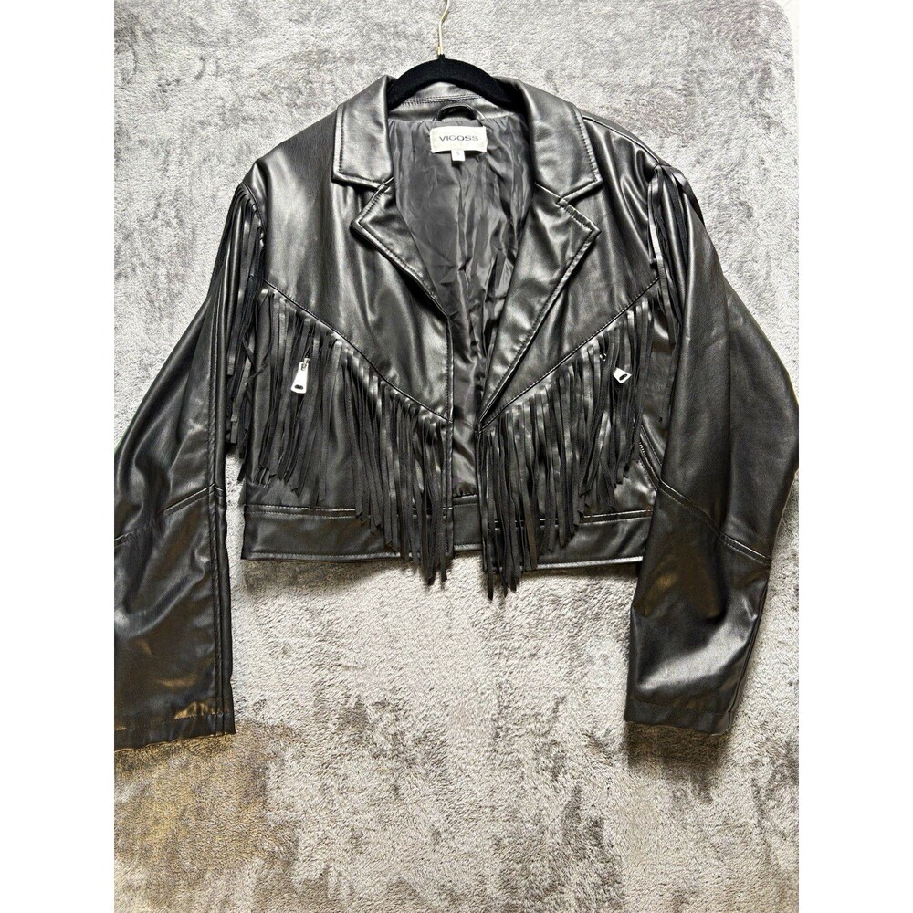 Vigoss Black Faux Leather Fringe Moto Jacket Western Cowgirl Cropped Size S Boho